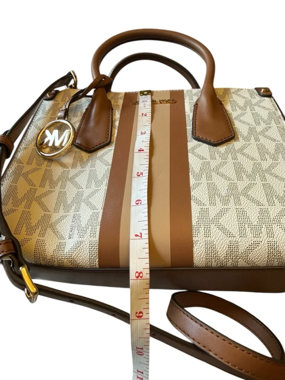 MICHAEL KORS Center Stripe Handbag Vanilla Maple Small Satchel NEW‎ $298 Preppy